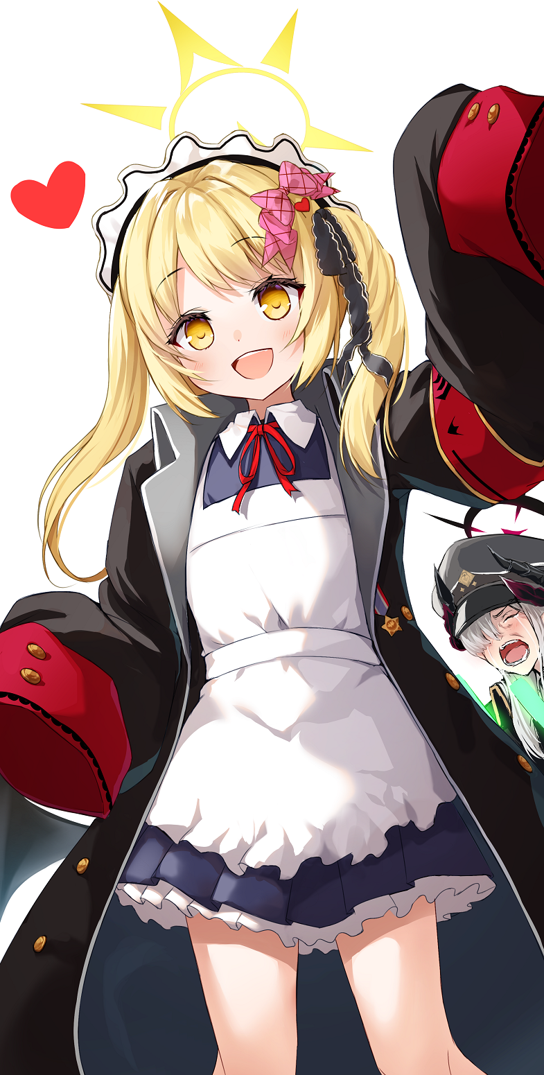 2girls, apron, black_coat, black_headwear, black_horns, blonde_hair, blue_archive, blush