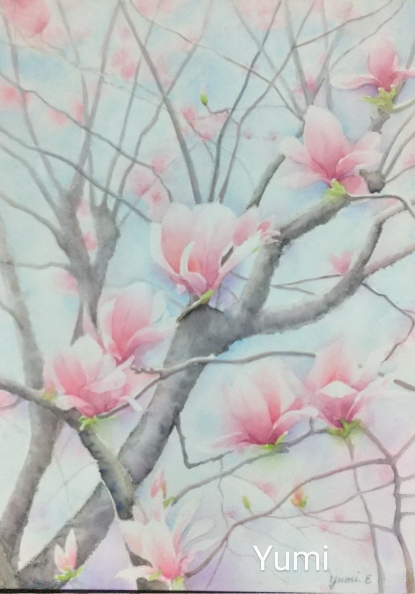 bare_tree, branch, flower, highres, miyuchan777, no_humans, original, painting_(medium)