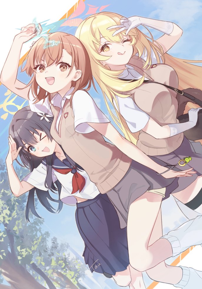 3girls, :d, ;), ;p, black_hair, blonde_hair, blue_archive, blue_eyes