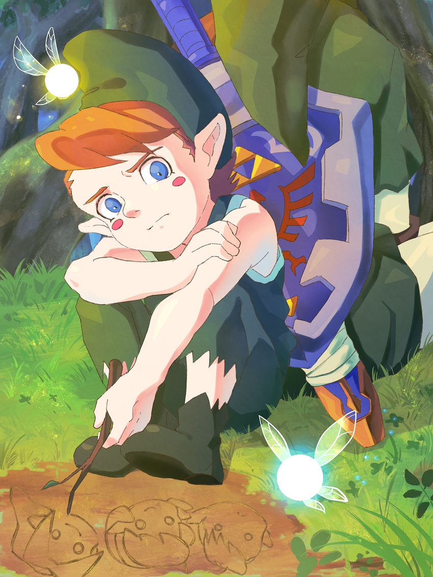 2boys, back-to-back, bare_arms, blue_eyes, blush_stickers, brown_hair, drawing, forest