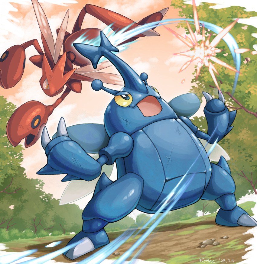 absurdres, attack, bug, bush, claws, colored_sclera, day, fighting, forest, grass, heracross, highres, horns, injury, insect_wings, katkichi, looking_at_another, nature, no_humans, open_mouth, outdoors, pokemon, pokemon_(creature), scizor, simple_background, single_horn, tree, wings, yellow_sclera