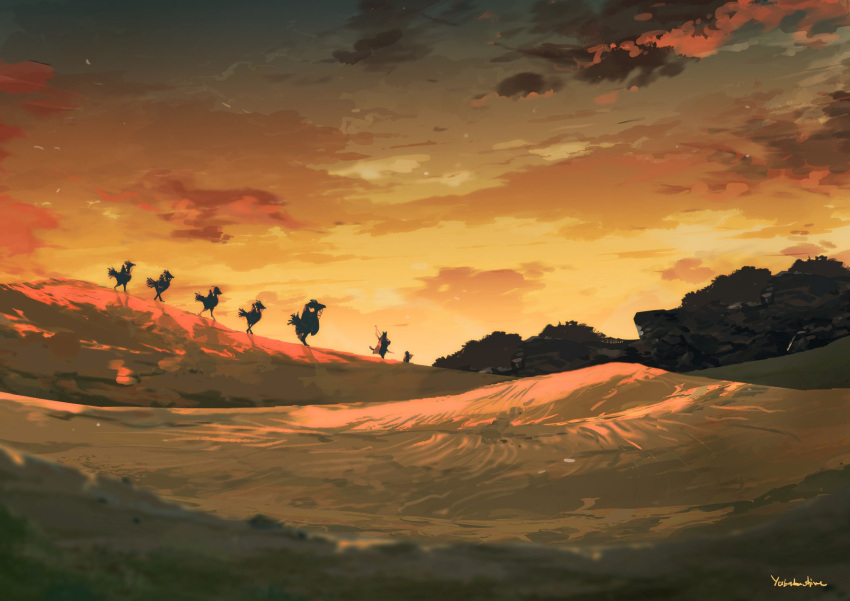 artist_name, chocobo, clouds, commentary, final_fantasy, final_fantasy_xiv, highres, hill