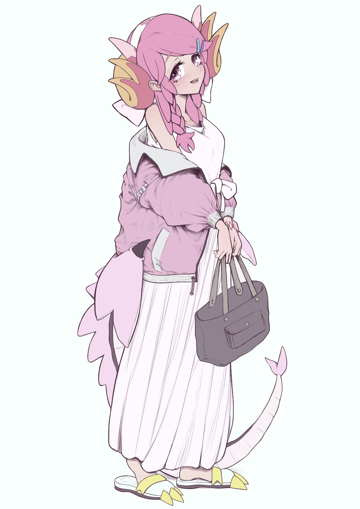 1girl, alternate_costume, bare_shoulders, coat, dragon_girl, dragon_horns, duel_monster, full_body