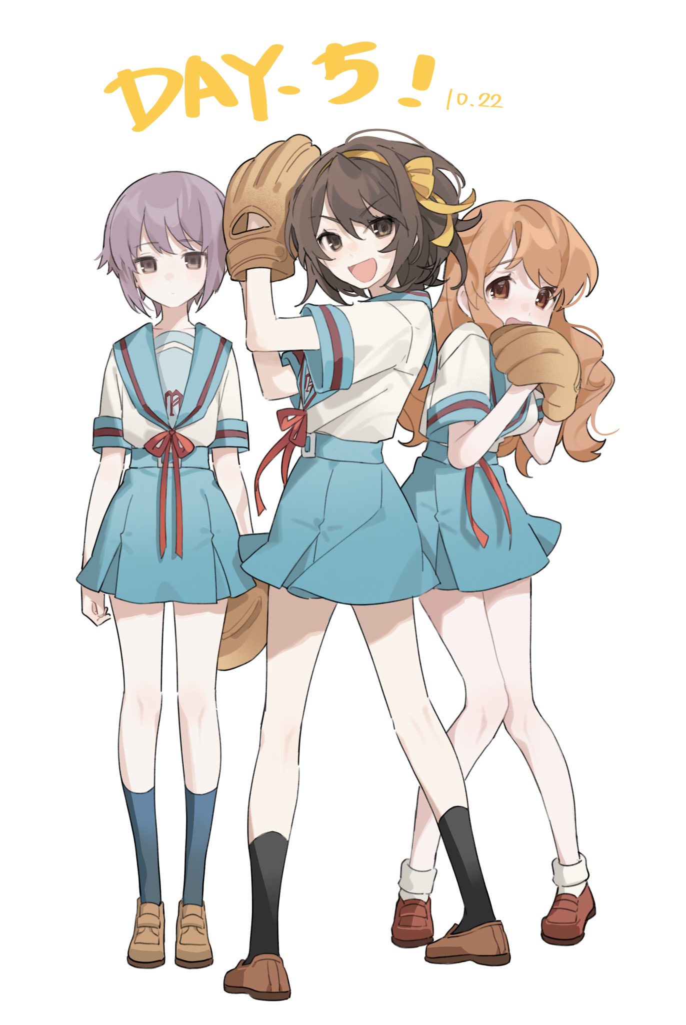 3girls, :d, asahina_mikuru, baseball_mitt, black_socks, blue_sailor_collar, blue_skirt, blue_socks
