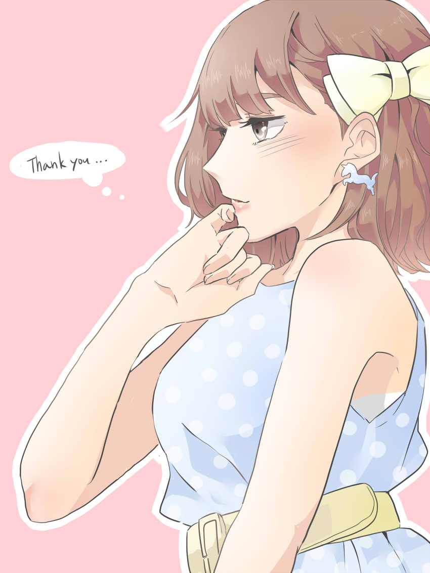1girl, bare_shoulders, belt, belt_buckle, blue_dress, blush, bow, breasts, brown_belt, brown_eyes, brown_hair, buckle, commentary_request, dress, hair_bow, hand_up, highres, horse_earrings, kashikaze, kusuda_aina, large_breasts, medium_hair, outline, parted_lips, pink_background, polka_dot, polka_dot_dress, profile, real_life, simple_background, sleeveless, sleeveless_dress, solo, thought_bubble, white_bow, white_outline