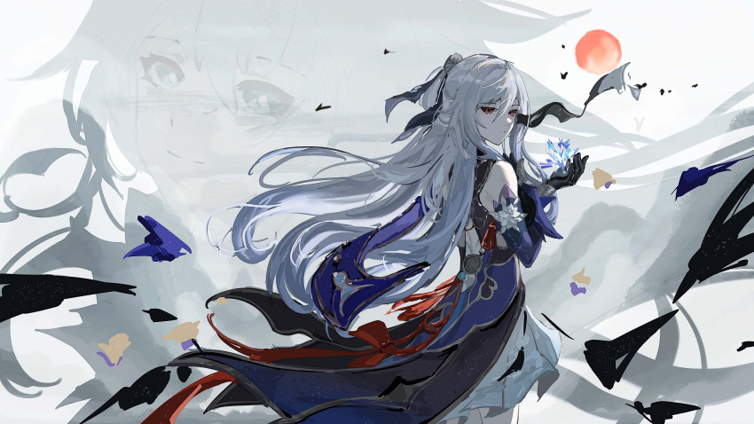 2girls, absurdres, artist_request, baiheng_(honkai:_star_rail), bare_shoulders, black_blindfold, black_gloves, blindfold