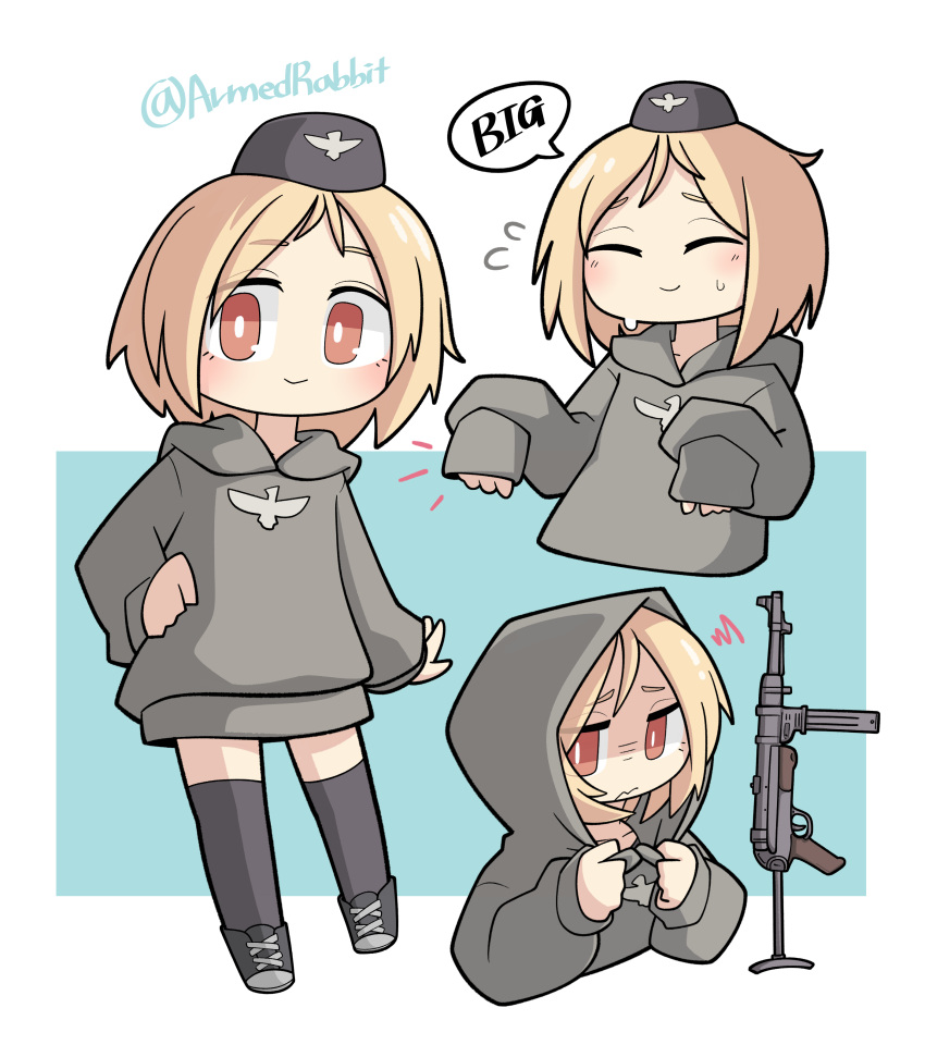 1girl, absurdres, armedrabbit, black_footwear, black_headwear, black_thighhighs, blonde_hair, blush