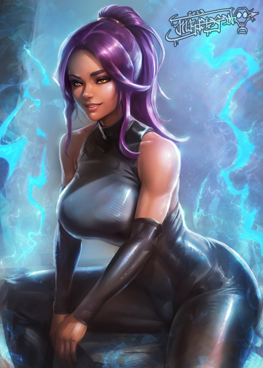 1girl, absurdres, bleach, breasts, dark-skinned_female, dark_skin, detached_sleeves, highres