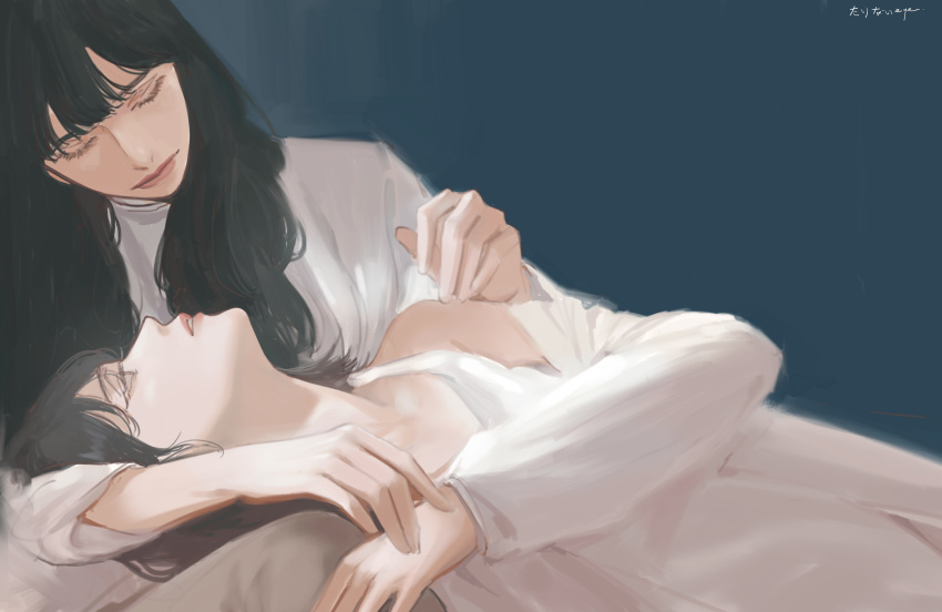 2girls, absurdres, black_hair, closed_eyes, commentary_request, deerwhisky, highres, hug
