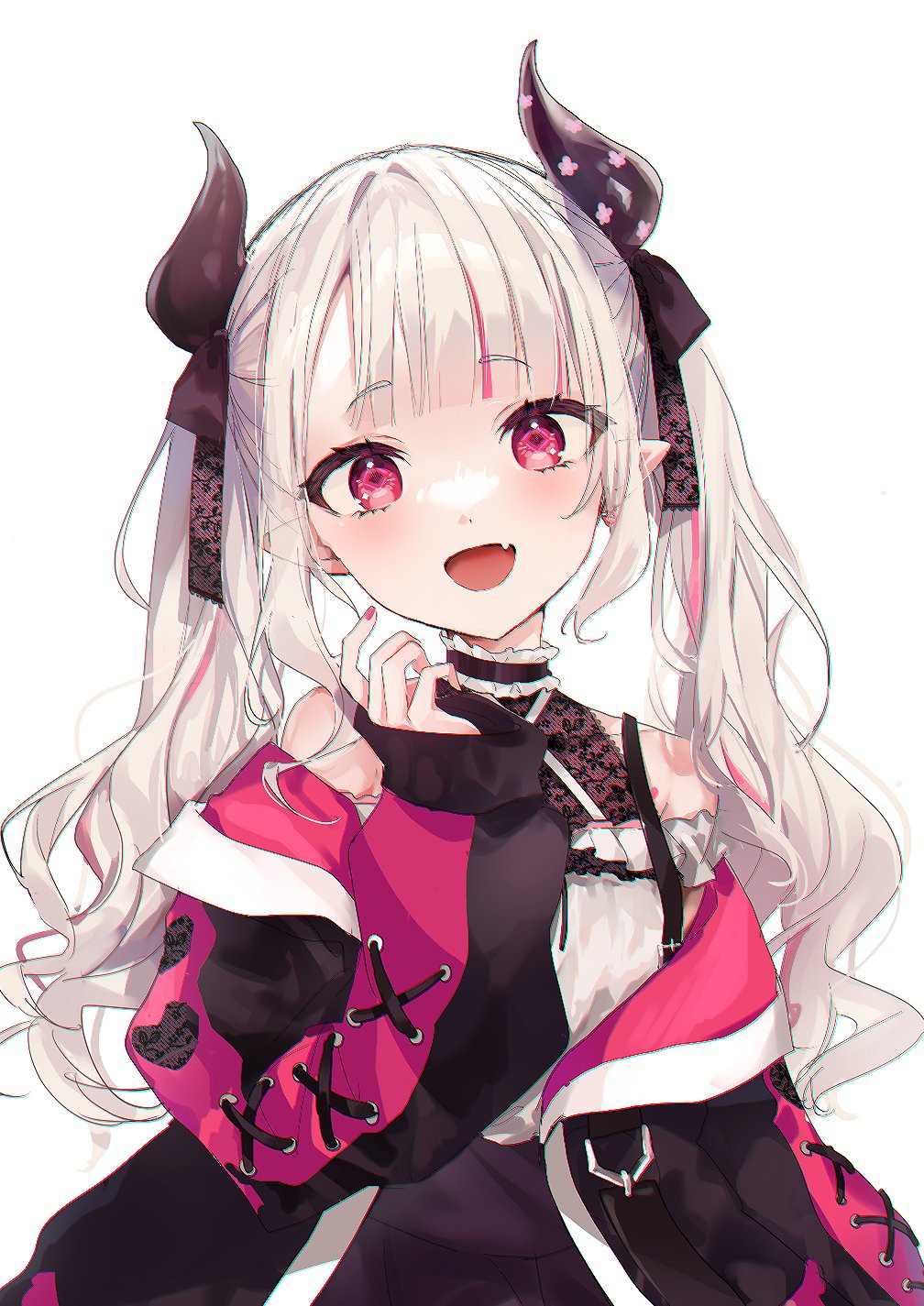 1girl, black_horns, commentary, halterneck, highres, horns, jacket, lace, long_hair, multicolored_hair, naraka_(3rd_costume)_(nijisanji), naraka_(nijisanji), nekojita_(ika_neko46), nijisanji, official_alternate_costume, open_clothes, open_jacket, pointy_ears, red_eyes, solo, streaked_hair, symbol-only_commentary, twintails, virtual_youtuber, white_hair