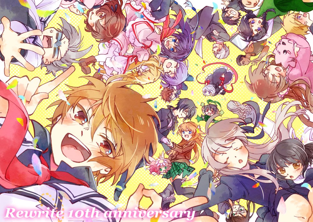 6+boys, 6+girls, :d, ^_^, animal_hug, anniversary, black_dress, black_hair