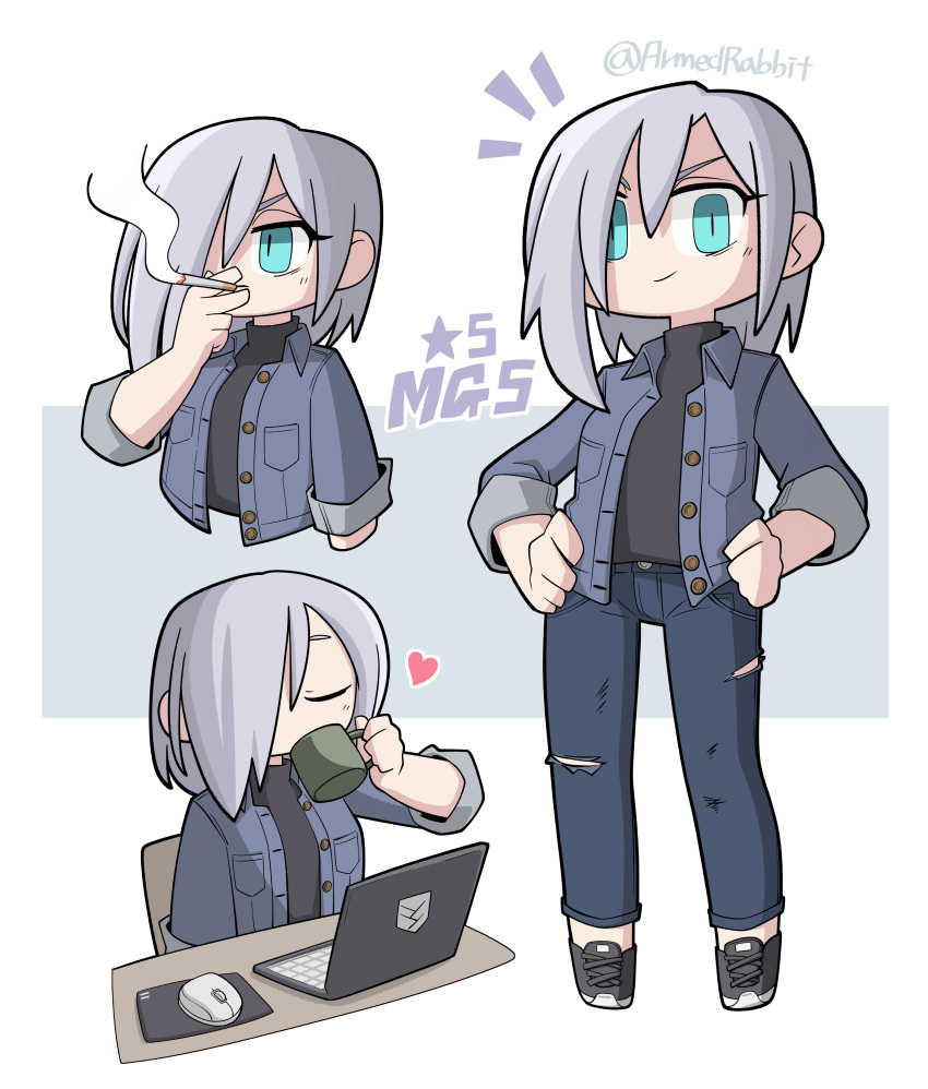 1girl, absurdres, armedrabbit, artist_name, black_footwear, black_shirt, blue_jacket, blue_pants
