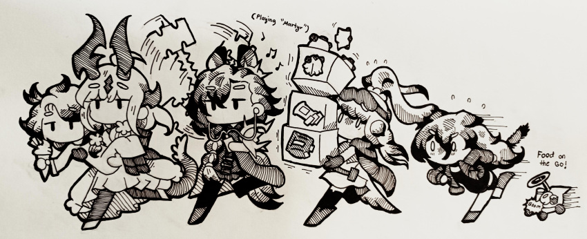 4girls, absurdres, arknights, artist_self-insert, astgenne_(arknights), bonwithme, box_stack, braid, carrying, chibi, dagda_(arknights), doctor_(arknights), dress, expressionless, flower, hammer, highres, holding_ice_cream_cone, horns, long_hair, male_doctor_(arknights), monochrome, multiple_girls, musical_note, no_mouth, penance_(arknights), ponytail, princess_carry, reed_(arknights), reed_the_flame_shadow_(arknights), running, swinging, tail, traditional_media, wavy_hair