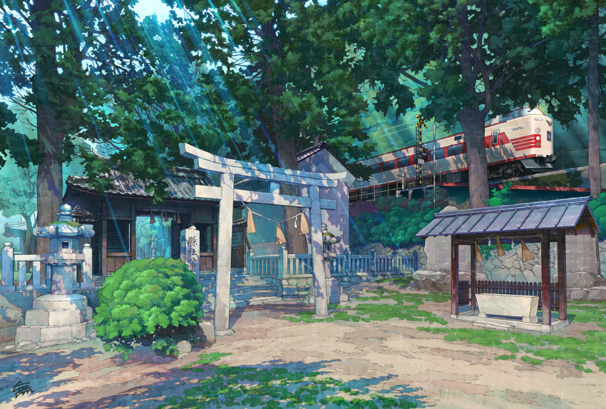 architecture, artist_name, boom_barrier, bush, chain-link_fence, commentary_request, day, dirt, east_asian_architecture, fence, grass, lantern, light_rays, moss, mugumo_24k, no_humans, okayama_prefecture, original, outdoors, overhead_line, railing, rock, rope, scenery, shide, shimenawa, shrine, signature, stairs, stone_lantern, sunbeam, sunlight, tassel, temizuya, torii, train, tree, utility_pole, west_japan_railway