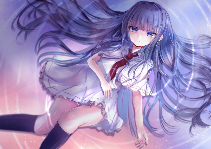 1girl, arm_at_side, black_hair, black_socks, blue_eyes, blunt_bangs, capelet, commentary