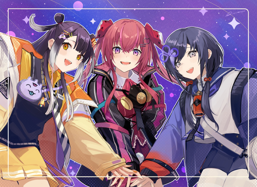 3girls, amagase_muyu, amagase_muyu_(1st_costume), black_sweater_vest, blue_sailor_collar, blue_shorts, collared_shirt, diagonal-striped_necktie