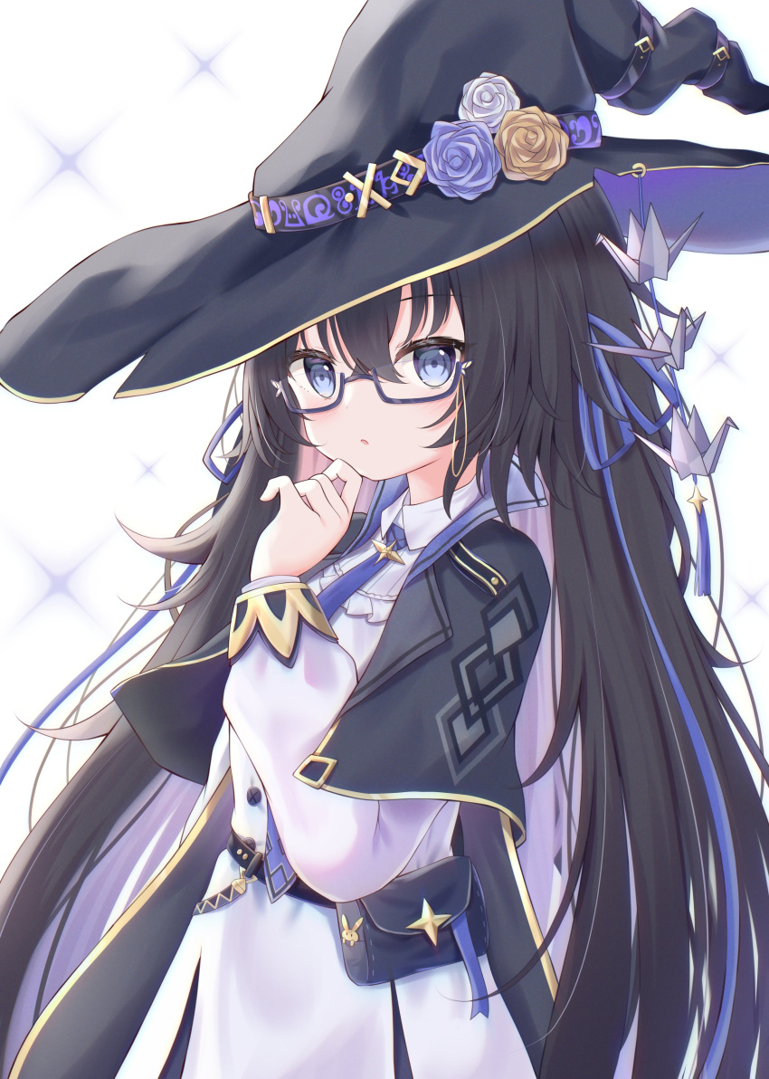 1girl, absurdres, black_background, black_hair, black_headwear, blue_eyes, blue_necktie, blue_ribbon