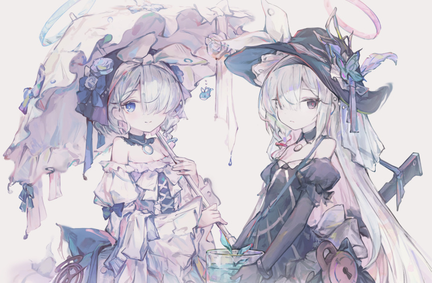 2girls, absurdres, arona_(blue_archive), bare_shoulders, black_dress, black_eyes, black_headwear, blue_archive