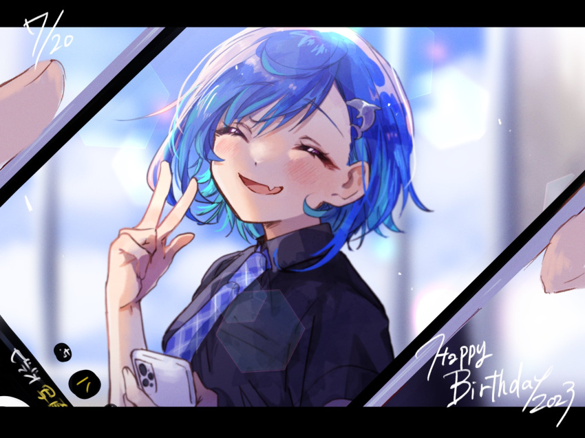 1girl, 3968, black_shirt, blue_hair, blue_necktie, cellphone, collared_shirt, dolphin_hair_ornament