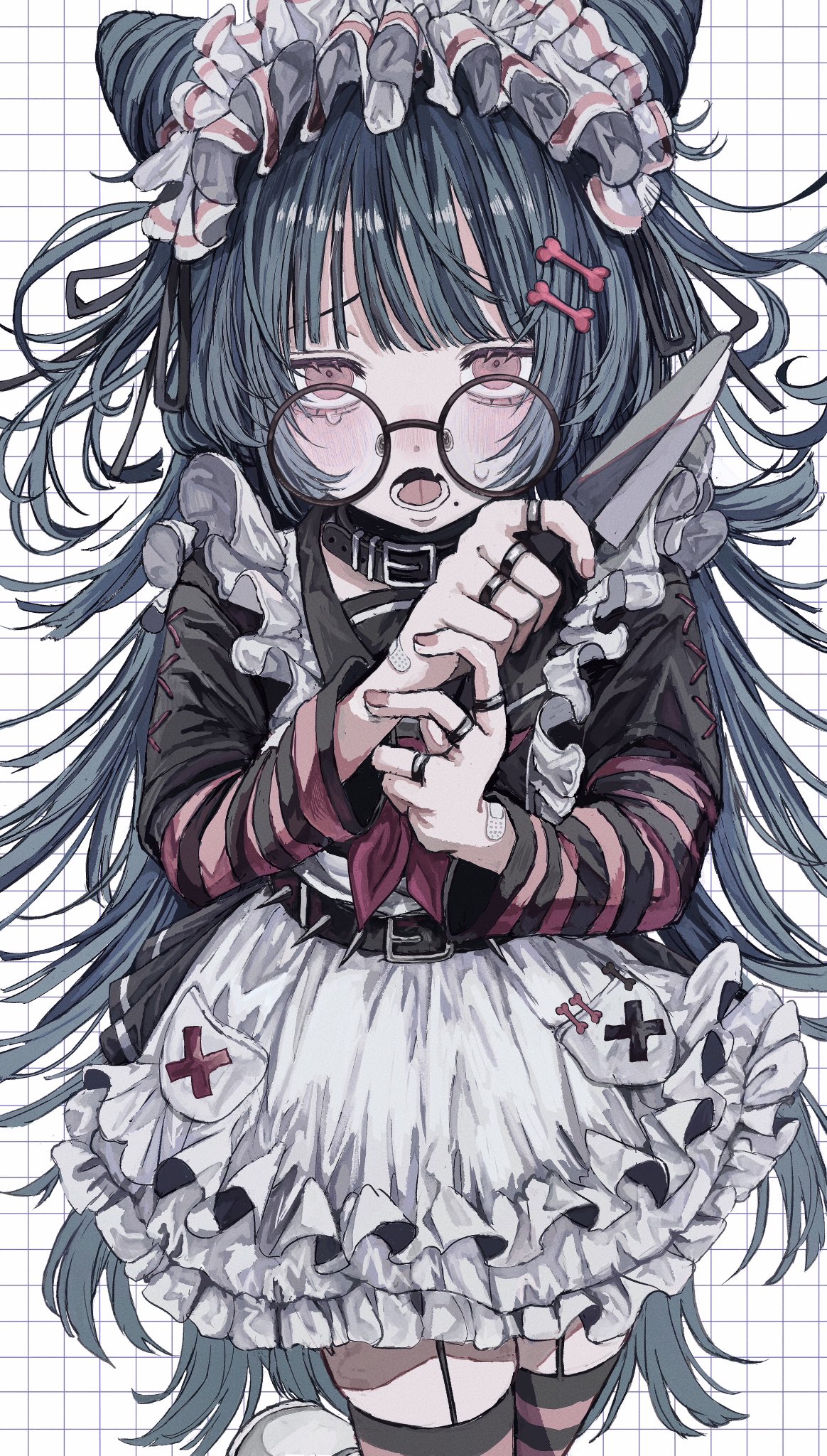 1girl, aegyo_sal, animal_collar, apron, belt, black-framed_eyewear, black_belt, black_collar, black_dress, blue_hair, blunt_bangs, blush, bone_hair_ornament, collar, commentary_request, cone_hair_bun, cowboy_shot, double_bun, dress, frilled_apron, frills, glasses, hair_bun, hair_ornament, hands_up, highres, holding, holding_knife, jewelry, knife, long_hair, long_sleeves, looking_at_viewer, maid, maid_headdress, mole, mole_under_mouth, muted_color, open_mouth, original, own_hands_together, red_eyes, ring, round_eyewear, saku050524, solo, striped, striped_thighhighs, sweatdrop, tearing_up, thigh-highs, unconventional_maid, very_long_hair, white_apron, white_background, yandere
