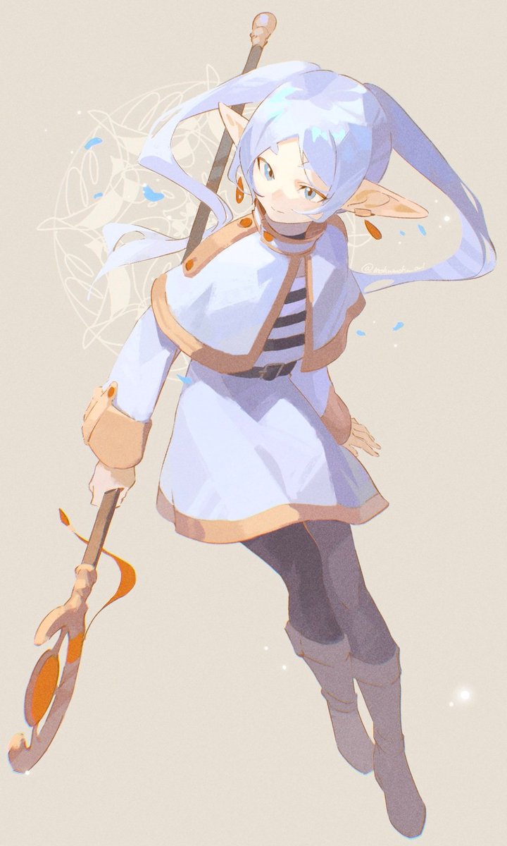 1girl, belt, belt_buckle, blue_eyes, blue_petals, brown_background, brown_footwear, buckle, capelet, dress, earrings, elf, frieren, highres, holding, holding_staff, jewelry, long_hair, long_sleeves, mage_staff, mohumohu_owl, pantyhose, pointy_ears, simple_background, solo, sousou_no_frieren, staff, twintails, very_long_hair, white_capelet, white_dress, white_hair, wide_sleeves