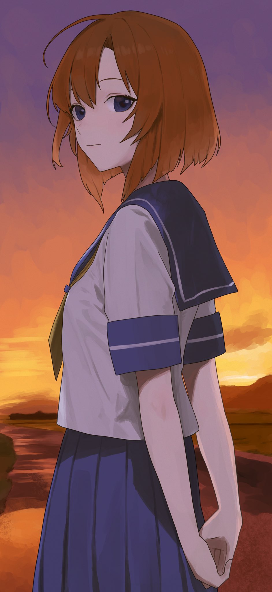 1girl, arms_behind_back, blouse, blue_eyes, blue_sailor_collar, blue_skirt, closed_mouth, highres