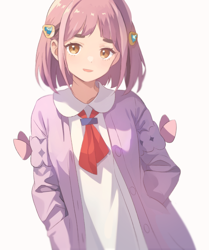 1girl, arched_bangs, brown_eyes, buttons, cardigan, collared_shirt, commentary_request, ebi_(shrimp_eleven), eyelashes, hands_in_pockets, lacey_(pokemon), looking_at_viewer, medium_hair, neckerchief, open_cardigan, open_clothes, open_mouth, pink_hair, pokemon, pokemon_(game), pokemon_sv, purple_cardigan, red_neckerchief, shirt, simple_background, smile, solo, upper_body, white_background, white_shirt