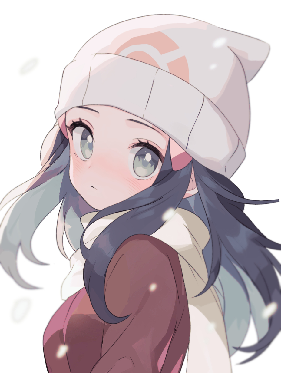 1girl, beanie, black_hair, blush, closed_mouth, coat, commentary_request, ebi_(shrimp_eleven), eyelashes, from_side, grey_eyes, hair_ornament, hairclip, hat, highres, hikari_(pokemon), long_hair, looking_at_viewer, looking_to_the_side, pokemon, pokemon_(game), pokemon_dppt, pokemon_platinum, red_coat, scarf, sidelocks, simple_background, snowing, solo, upper_body, white_background, white_headwear, white_scarf