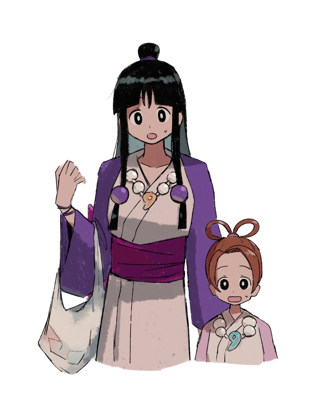 2girls, ace_attorney, bag, black_eyes, black_hair, blunt_bangs, brown_hair, cousins