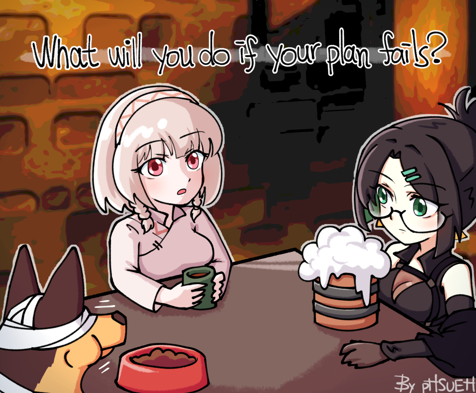 2girls, 621_(armored_core_6), animal, armored_core, armored_core_6, artist_name, ayre_(armored_core_6), beer_mug