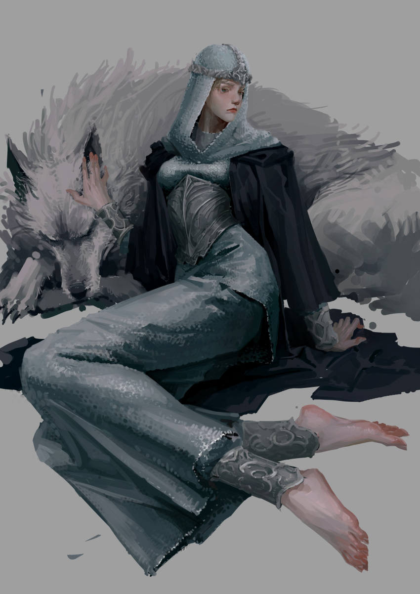 1girl, absurdres, animal, animal_ears, armor, armored_dress, barefoot, black_cape