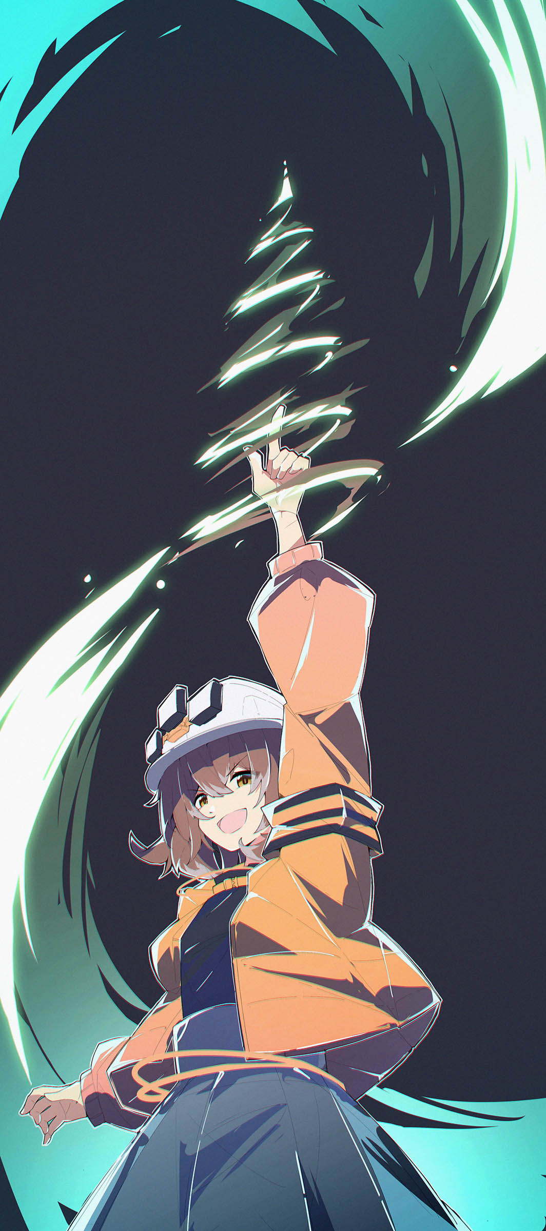 1girl, absurdres, arknights, armband, black_shirt, brown_eyes, brown_hair, cement_(arknights), hard_hat, helmet, highres, jacket, orange_jacket, pointing, pointing_up, postalworks, see-through, see-through_skirt, shirt, skirt, spiral_power