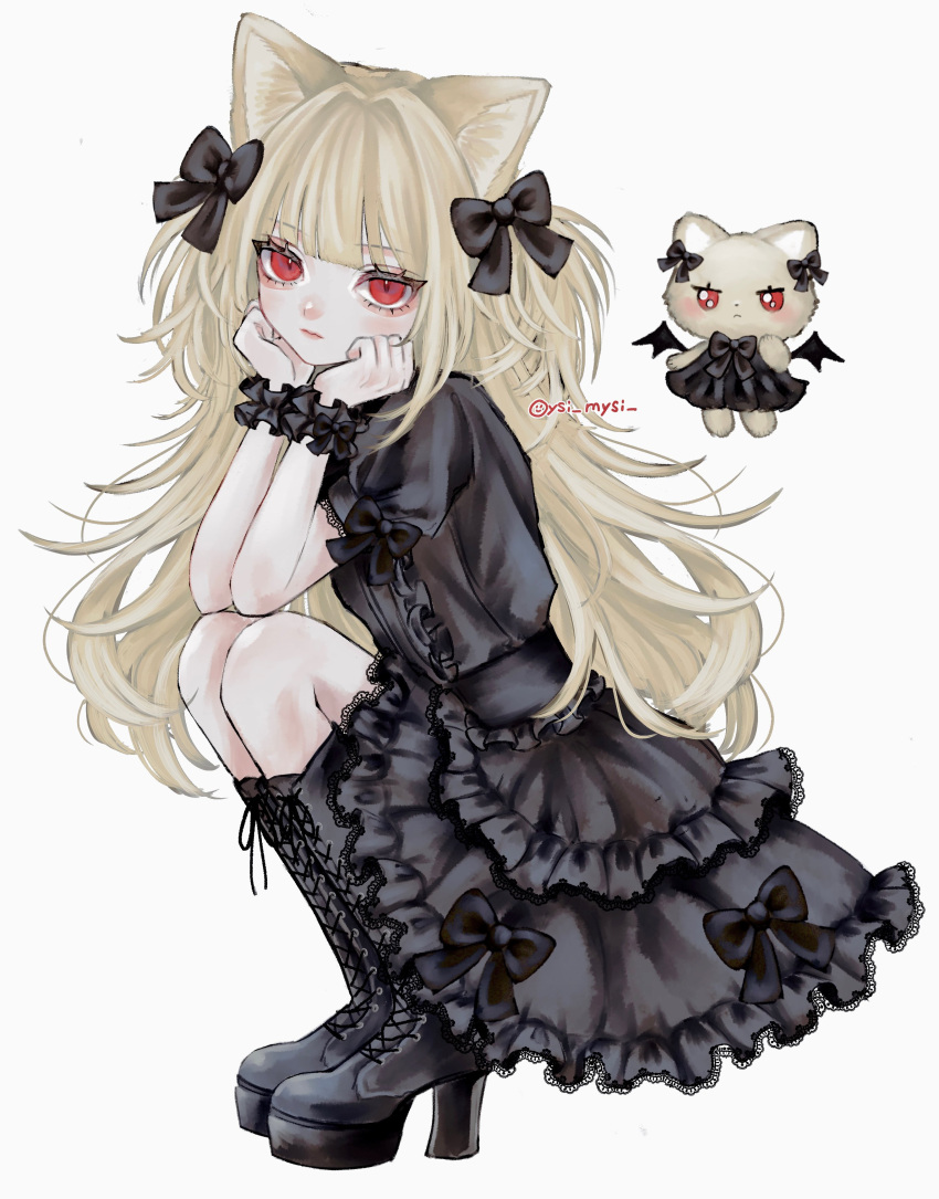 1girl, absurdres, aegyo_sal, animal_ears, black_bow, black_dress, black_footwear, black_wings
