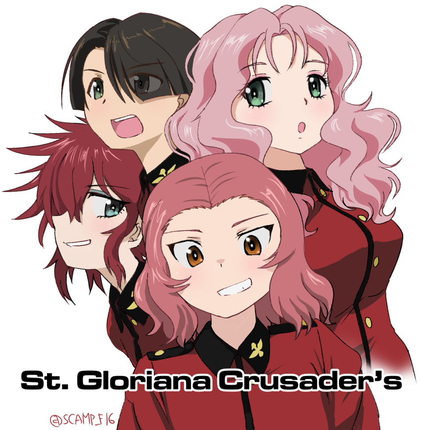 4girls, :o, black_hair, blue_eyes, brown_eyes, commentary, commentary_request, cranberry_(girls_und_panzer)