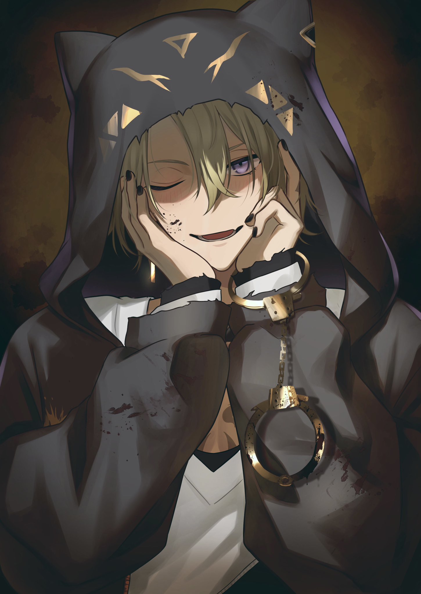 1boy, animal_hood, black_jacket, black_nails, blonde_hair, cat_hood, cuffs, fang