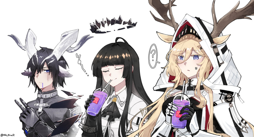 ..., 1boy, 2girls, ?, ahoge, animal_ears, antlers, antlers_through_headwear, arknights, artist_name, arturia_(arknights), ascot, belt, belt_collar, black_ascot, black_belt, black_bodysuit, black_gloves, black_hair, black_halo, blonde_hair, blue_eyes, blunt_bangs, bodysuit, breasts, broken_halo, cape, closed_eyes, closed_mouth, collar, collared_jacket, curled_horns, dark_halo, deer_antlers, deer_ears, deer_girl, drink, ears_through_headwear, elbow_gloves, empty_eyes, english_commentary, expressionless, gauntlets, gloves, goat_boy, goat_ears, goat_horns, grey_gloves, grey_hair, grey_jacket, grimace_shake_(meme), hair_between_eyes, hair_ornament, hair_over_one_eye, halo, hand_up, hands_up, highres, hime_cut, holding, holding_drink, hood, hood_up, horns, jacket, large_breasts, lessing_(arknights), liquid_from_mouth, long_hair, long_sleeves, looking_at_viewer, meme, milkshake, mole, mole_under_eye, multiple_girls, nervous, nervous_sweating, no_grad, parted_lips, sidelocks, simple_background, smile, spoken_ellipsis, spoken_question_mark, sweat, sweatdrop, twitter_username, upper_body, v, very_long_hair, viviana_(arknights), white_background, white_belt, white_cape, white_gloves, white_hood, white_horns, white_jacket, x_hair_ornament