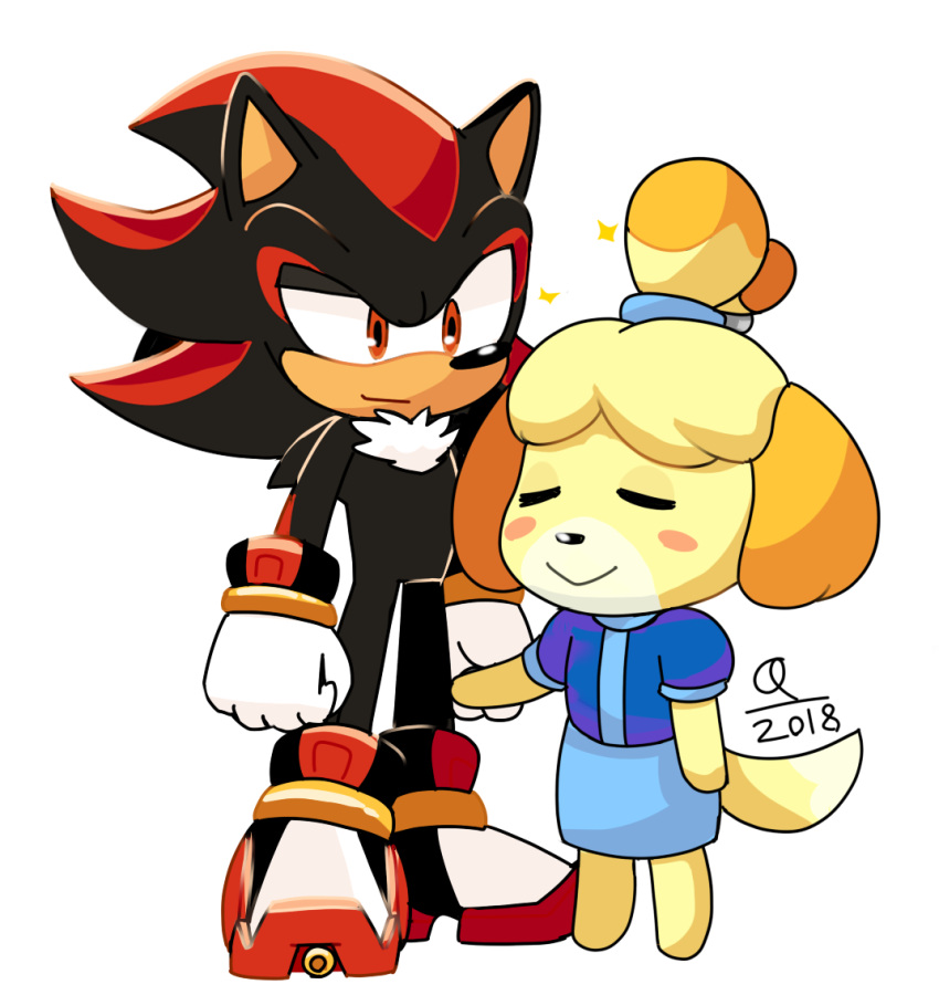 1boy, 1girl, 2018, animal_crossing, animal_ears, blush_stickers, closed_eyes, cosplay