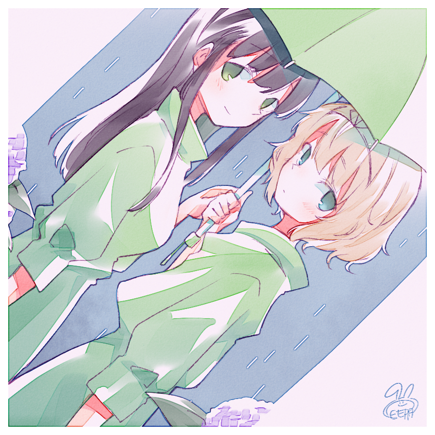 2girls, aqua_eyes, black_hair, blonde_hair, dot_mouth, dutch_angle, expressionless, flower