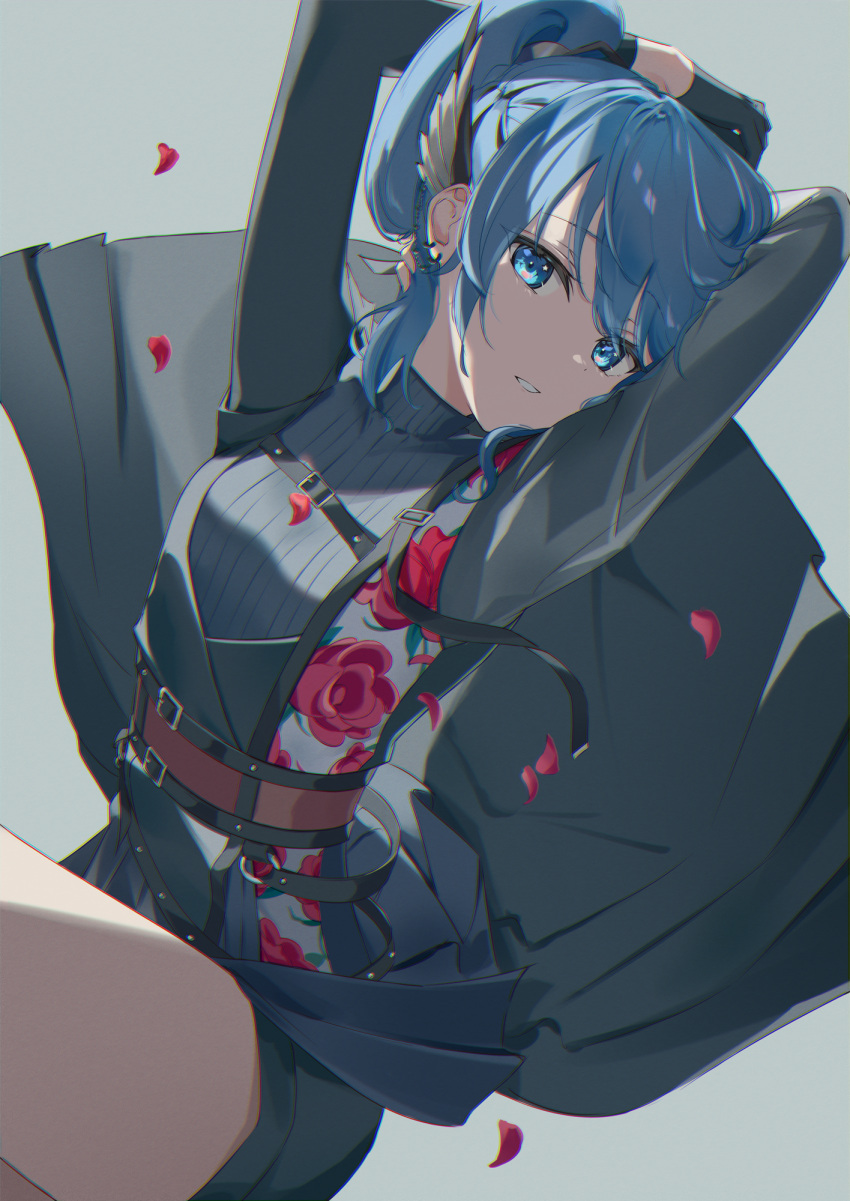 1girl, arms_behind_head, arms_up, belt, black_belt, black_cape, black_gloves, black_shirt