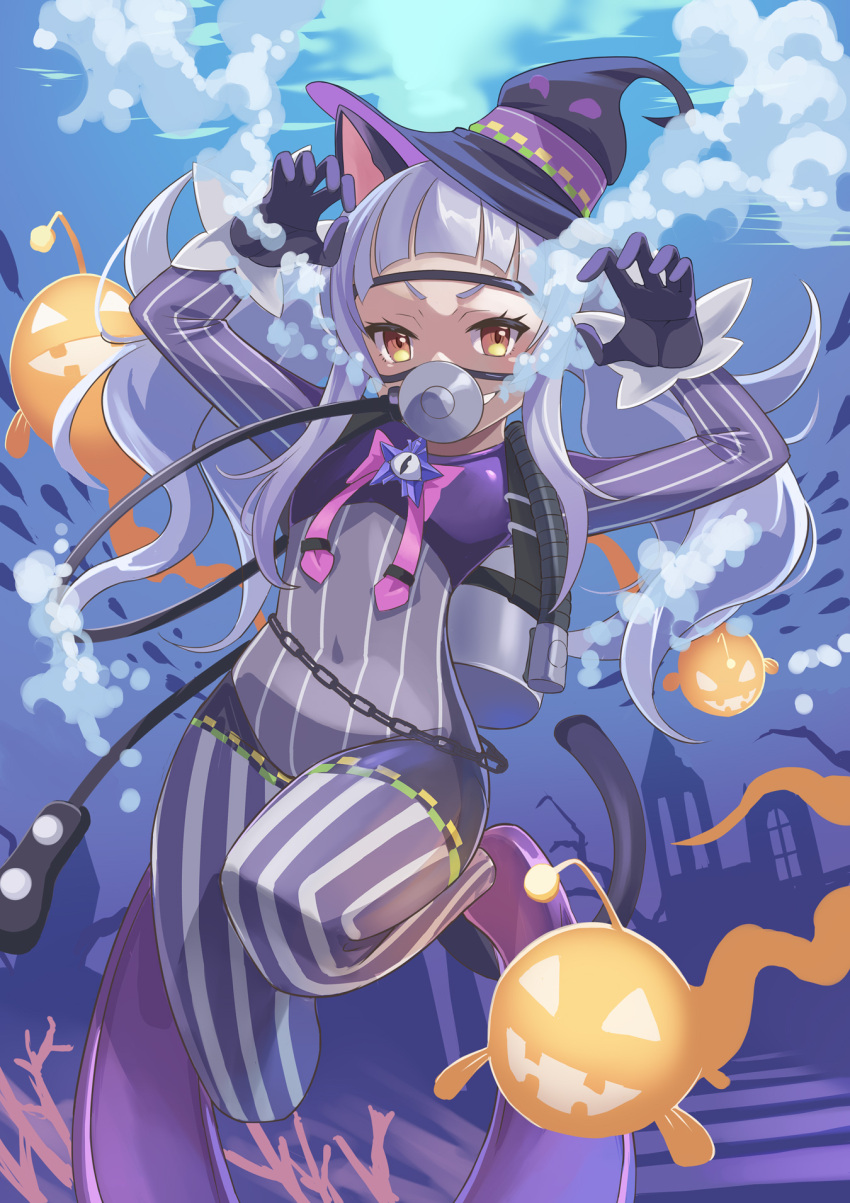 1girl, animal_ears, blunt_bangs, bow, bowtie, cat_ears, cat_tail, chain