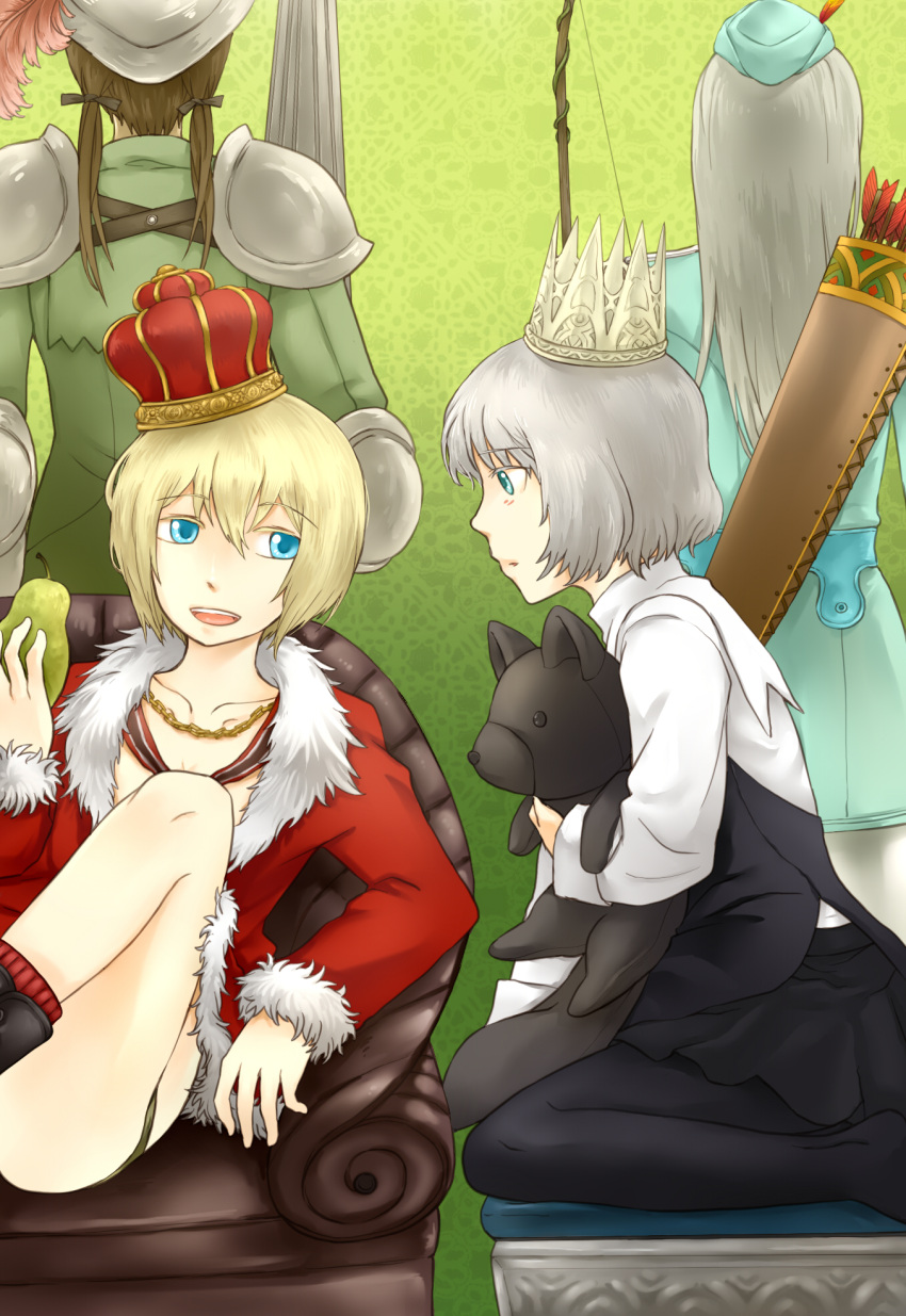 armor, arrow, black_legwear, blonde_hair, blue_eyes, bow_(weapon), brown_hair, chess, crown, eila_ilmatar_juutilainen, erica_hartmann, feathers, food, fruit, gertrud_barkhorn, green_eyes, grey_hair, hat, highres, kneeling, long_hair, multiple_girls, pantyhose, pear, robe, sanya_v_litvyak, shiraoi_nezumi, short_hair, strike_witches, stuffed_animal, stuffed_toy, twintails, weapon
