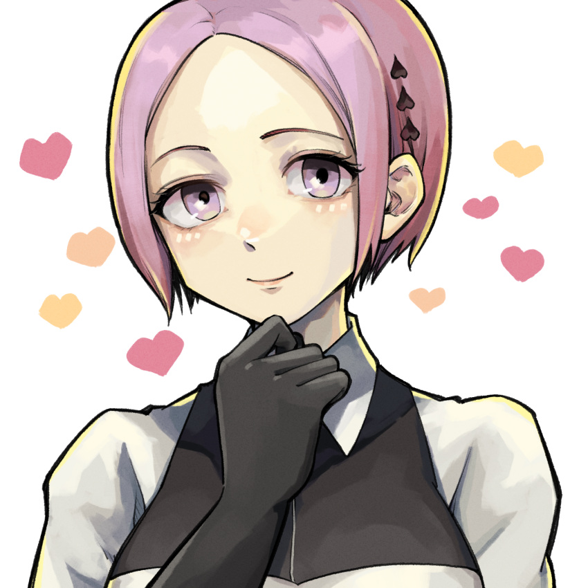 1girl, black_gloves, breasts, choujin_x, closed_mouth, cropped_torso, gloves, grey_eyes, hand_on_own_chin, heart, highres, large_breasts, looking_at_viewer, momoma_maiko_(choujin_x), pink_eyes, pink_hair, short_hair, simple_background, smile, solo, stroking_own_chin, thinking, upper_body, white_background, yuma_kahara