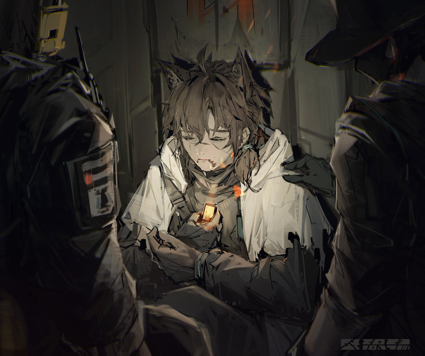 absurdres, ace_(arknights), animal_ears, arknights, black_shirt, blood, blood_on_face, brown_hair, closed_eyes, coat, guard_(arknights), hat, highres, instrument, ponytail, qiumoyixing, recorder, rhodes_island_logo, scar, scar_on_face, scout_(arknights), shirt, short_hair, spoilers, tactical_clothes, white_coat