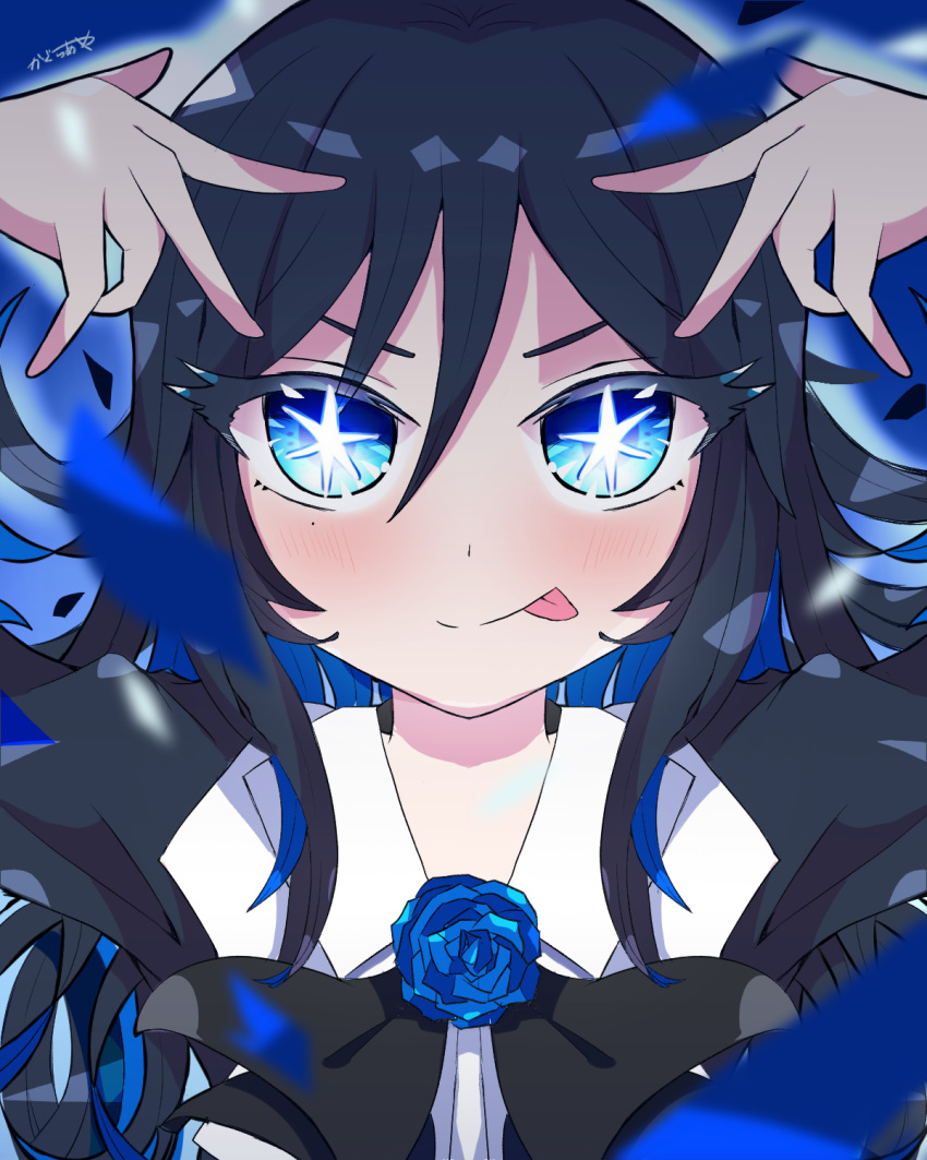 1girl, ado_(utaite), black_bow, black_bowtie, black_hair, black_jacket, blue_eyes, blue_flower