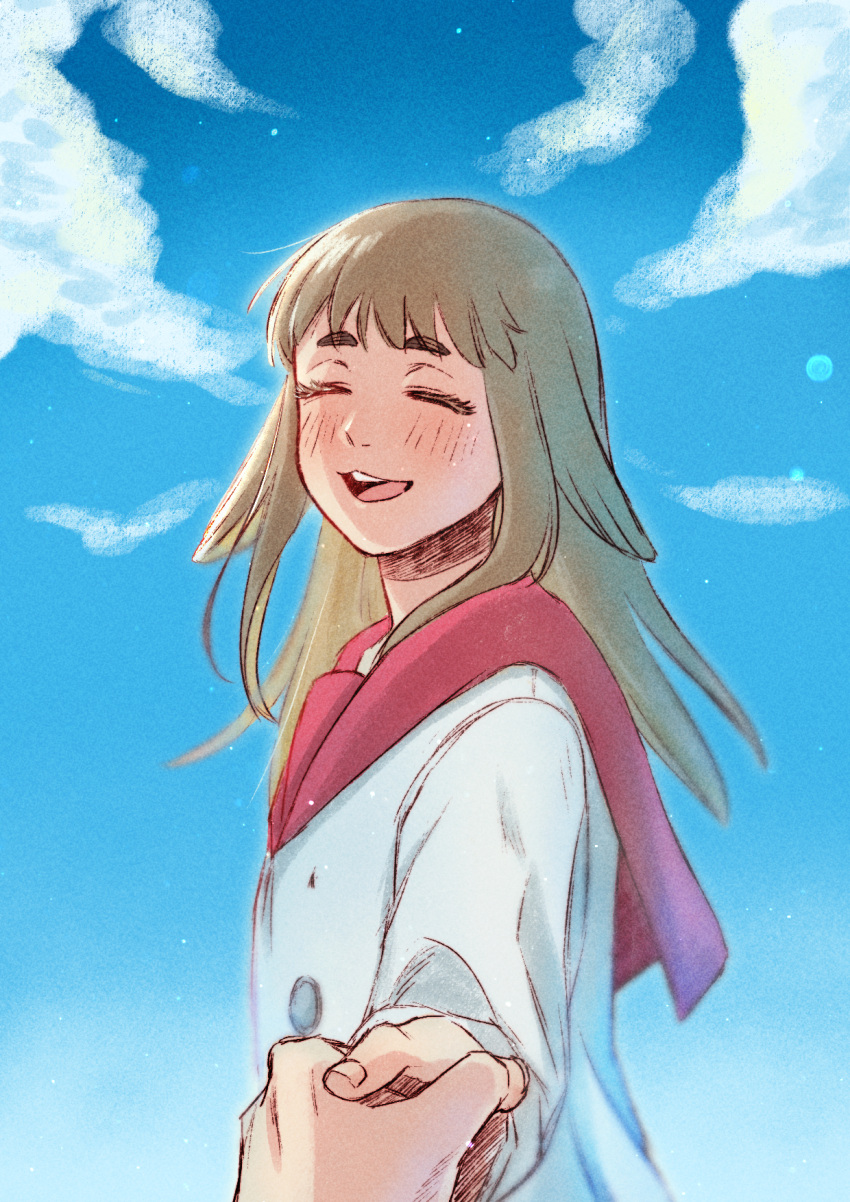 1girl, 1other, blush, closed_eyes, clouds, hair_ears, highres, holding_hands, light_brown_hair, mimihime_(tengoku_daimakyou), open_mouth, smile, solo_focus, takahara_academy_uniform, tengoku_daimakyou, uniform, yvw777