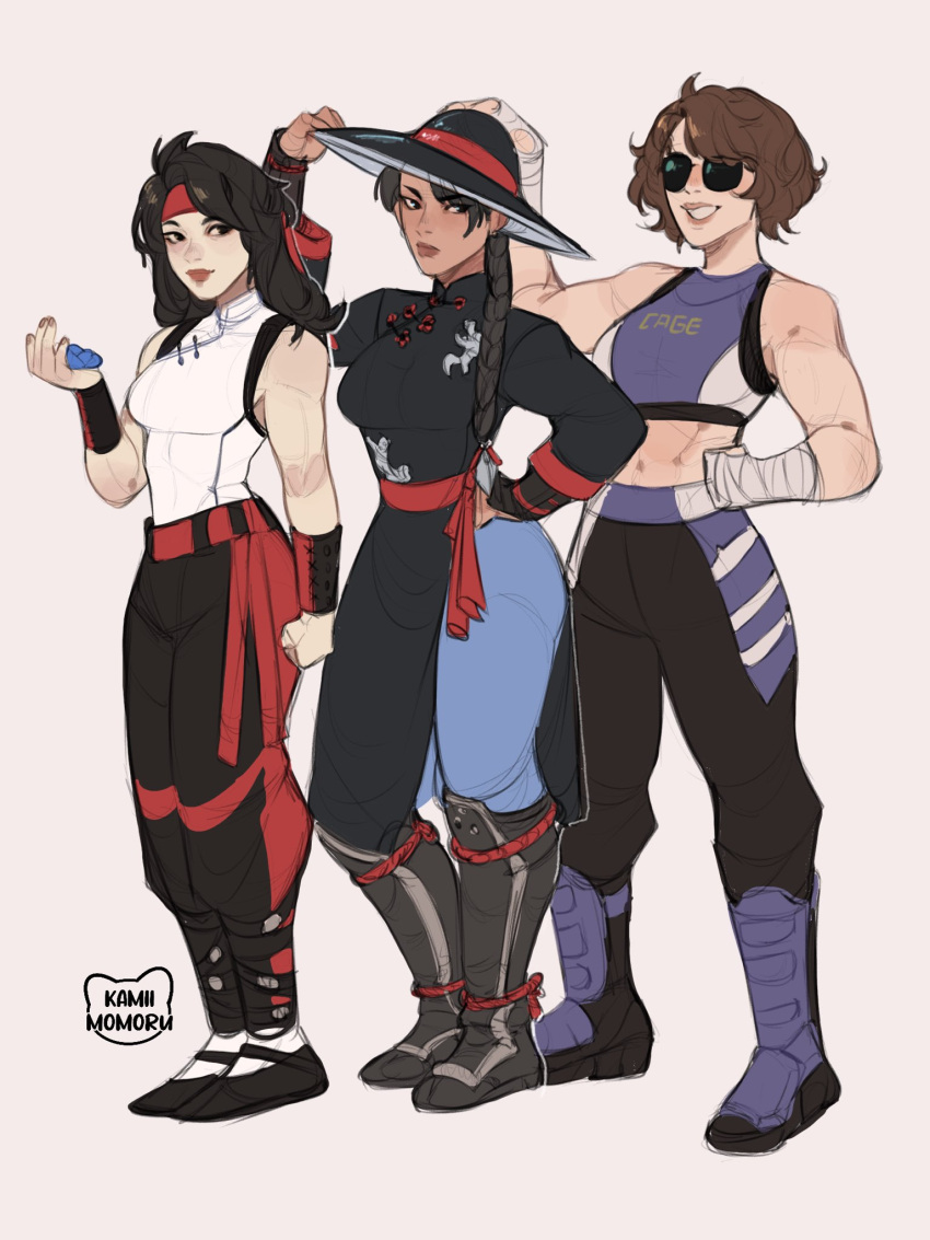 3girls, black_hair, brown_hair, chinese_clothes, dougi, genderswap, genderswap_(mtf), highres, johnny_cage, kamii_momoru, kung_lao, liu_kang, martial_arts_belt, mortal_kombat, mortal_kombat_(series), mortal_kombat_1_(2023), multiple_girls, muscular, muscular_female, ponytail, sunglasses, wristband