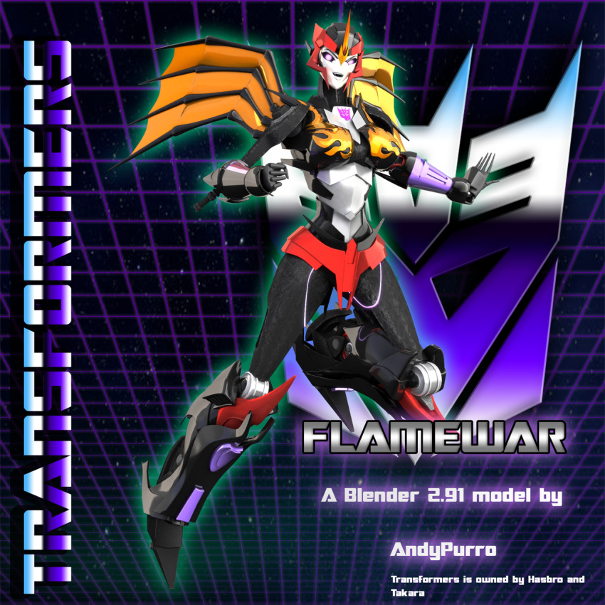 1girl, 3d, andypurro, blender_(medium), boots, breasts, decepticon, flame_print