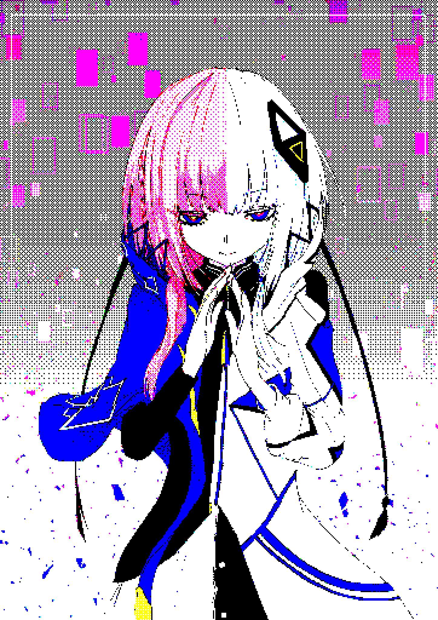 2girls, aizettonagi, blue_capelet, blue_eyes, capelet, cevio, coat, hair_over_shoulder, highres, hood, hood_down, hooded_capelet, kaf_(kamitsubaki_studio), kafu_(cevio), kamitsubaki_studio, long_hair, looking_at_viewer, low_twintails, multicolored_eyes, multiple_girls, own_hands_together, pink_hair, pixel_art, smile, split_theme, twintails, upper_body, virtual_youtuber, white_coat, white_hair, yellow_pupils