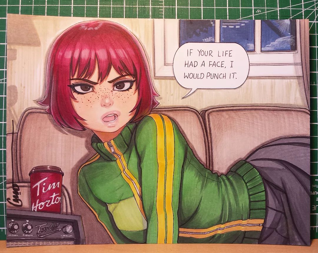 1girl, amplifier, arm_support, art_tools_in_frame, artist_name, black_skirt, bob_cut, breasts