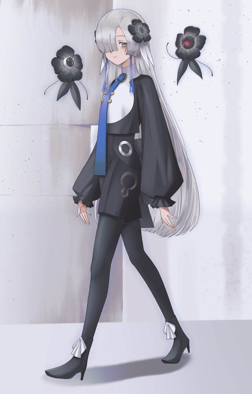 1girl, absurdres, black_flower, black_shirt, black_shorts, blue_hair, blue_necktie, blush